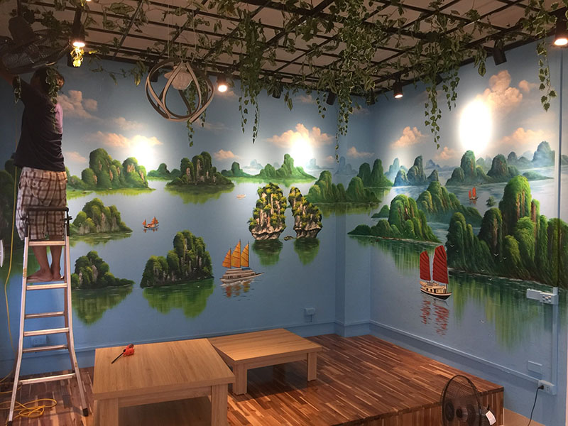 Vẽ tranh tường, trang trí cỏ cho quán trà sữa chân trâu tại Thường Tín - Hà Nội